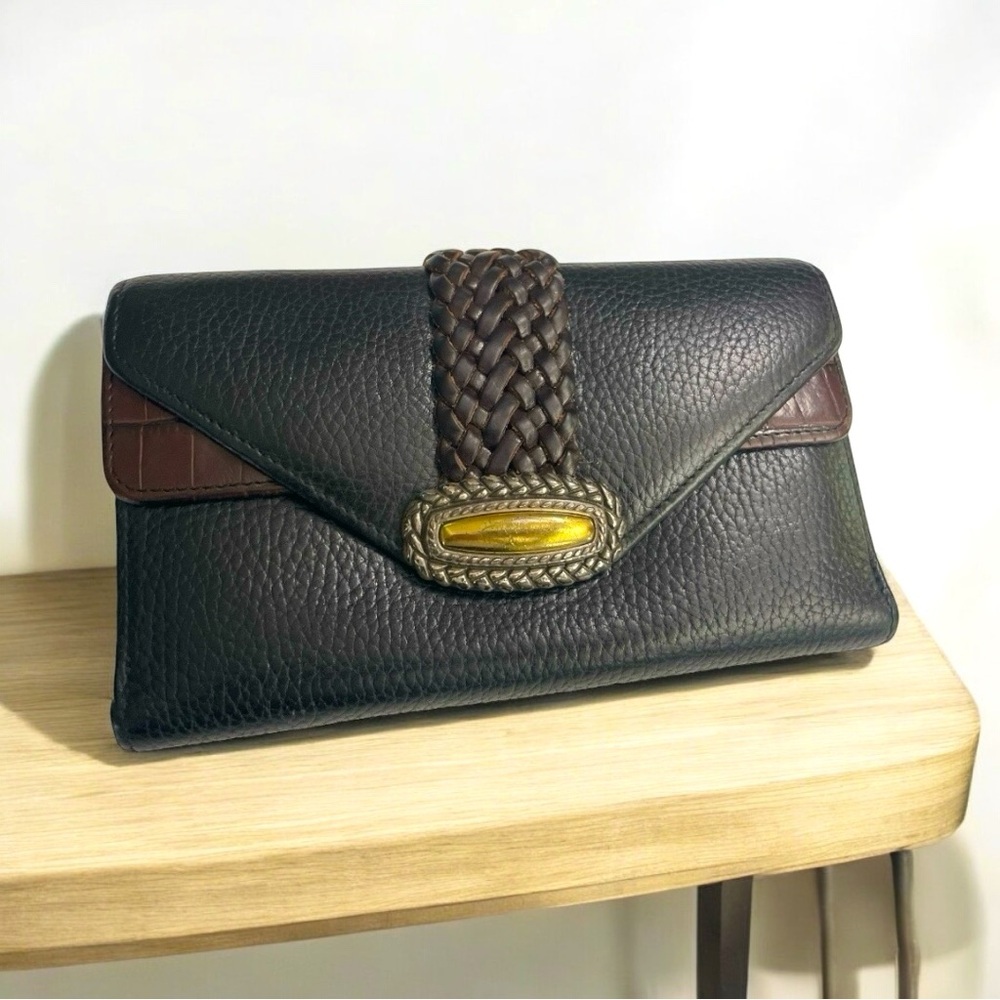 BRIGHTON Bifold Wallet Brown Croc Trim Black Leather Silver Heart Snap Closure